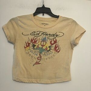 Ed hardy flying devil dice cropped baby tee t-shirt yellow cream woman small